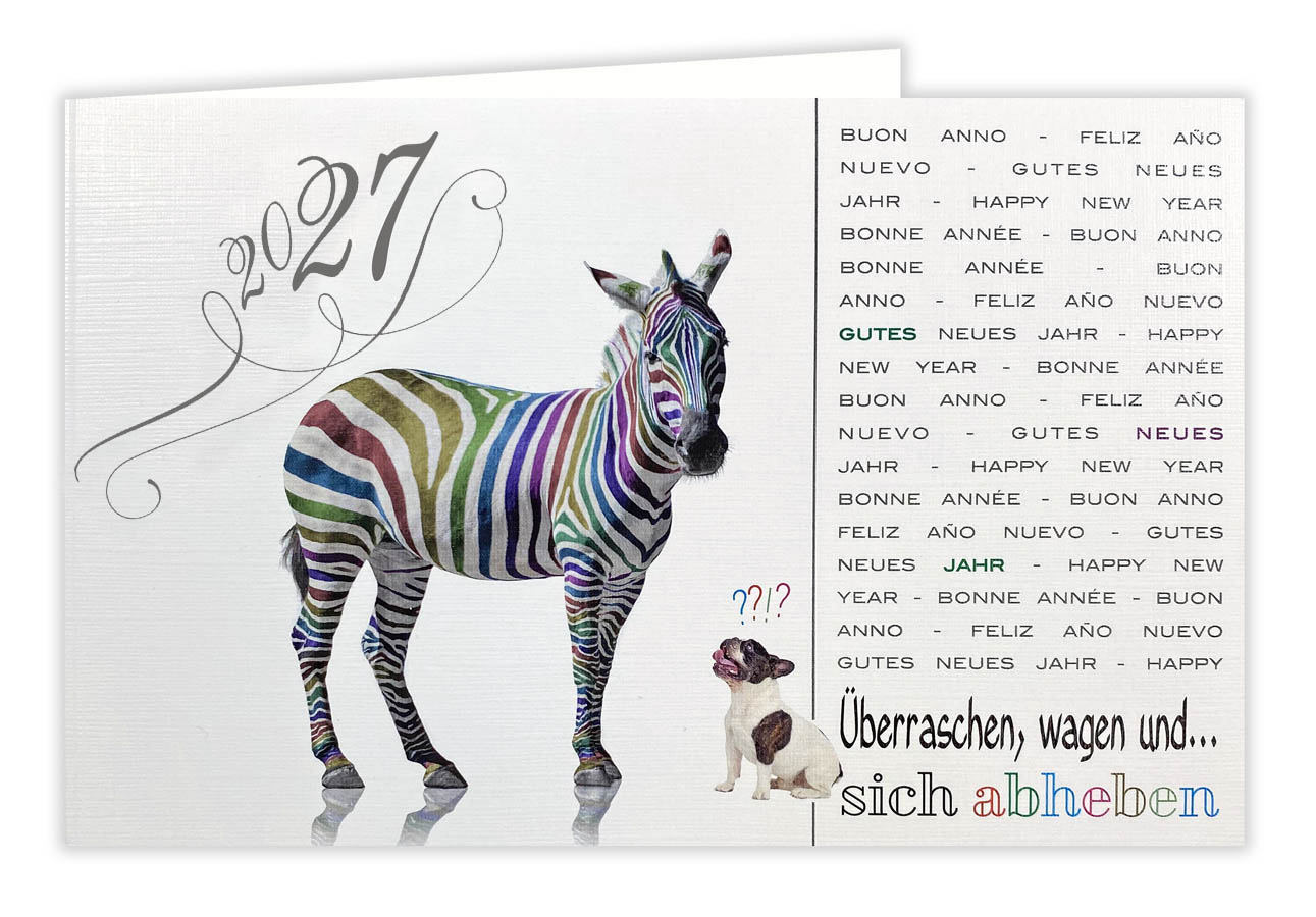 Originelle Neujahrskarte mit Jahreszahl "2027", buntem Zebra und Bulldogge Hund