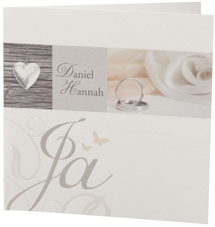 Hochzeitskarte mit Ja und Schmetterlingen, Ringen und Herz