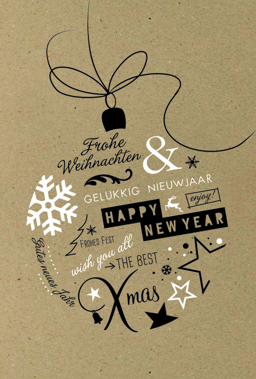 Weihnachtskarte aus braunem Designkarton mit Spende zugunsten Deutsche Krebsgesellschaft mit Weihnachts- und Neujahrsgrüßen in Form einer Baumkugel