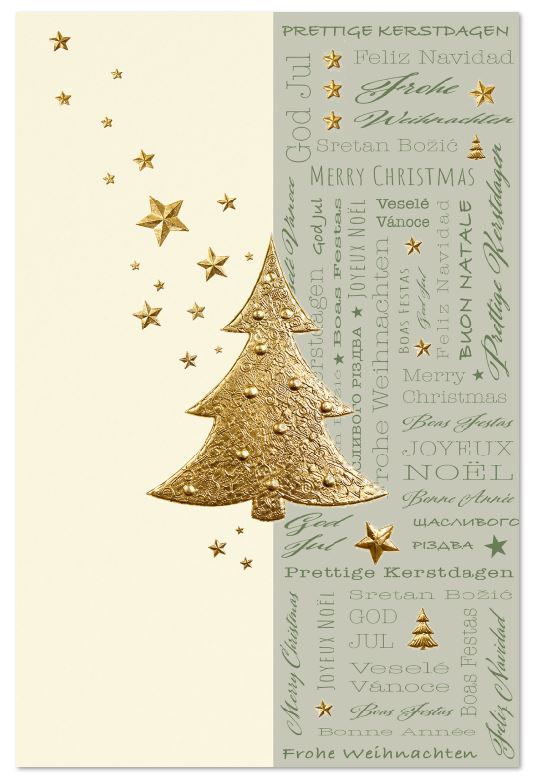 Internationale Weihnachtskarte "Prettige Kerstdagen" mit goldenem Weihnachtsbaum und kleinen Sternen