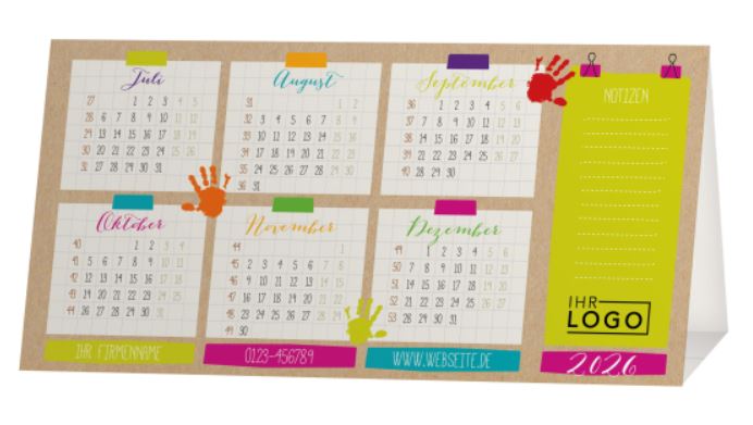 Jahreskalender zum Aufstellen "Bunte Hände" mit Logoeindruck und Spende für Kinderherzen e.V.