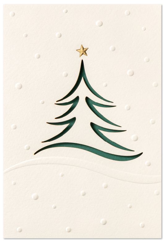 Edle Laser-Weihnachtskarte in weiß mit Blind- und Goldfolienprägung sowie gelastertem Baum, Einleger dunkelgrün