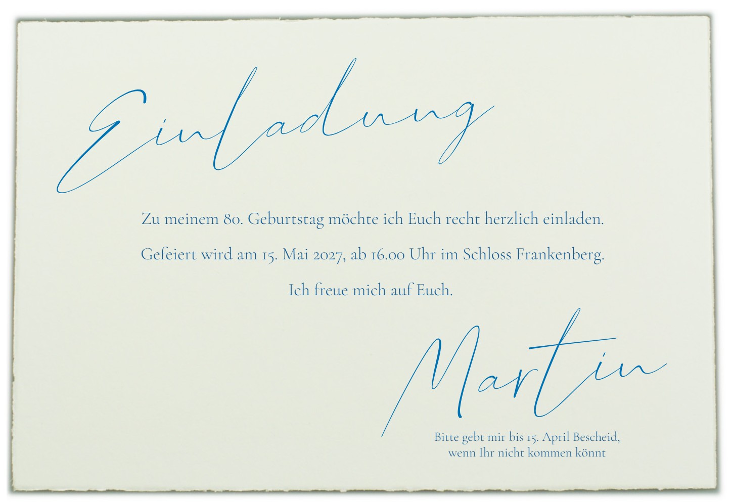 Einladungskarte zum 80. Geburtstag - Büttenkarte aus cremeweißem, kräftigem Büttenkarton mit Büttenrand.
