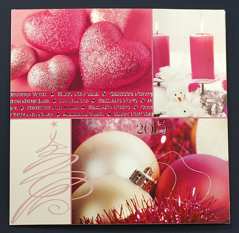 Weihnachtskarte quadratisch pink mit Motiven und Silberfolie