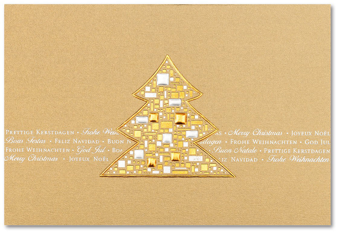 Weihnachtskarte altgold metallic mit Weihnachtsbaum und internationalen Wünschen