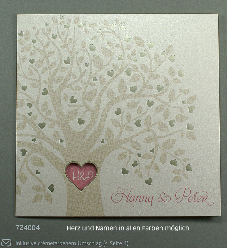 Hochzeitskarte crememetallic mit Herzchen als Früchte am Baum