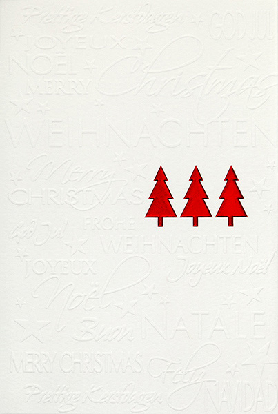 Weihnachtskarte creme mit drei roten Weihnachtsbäumen