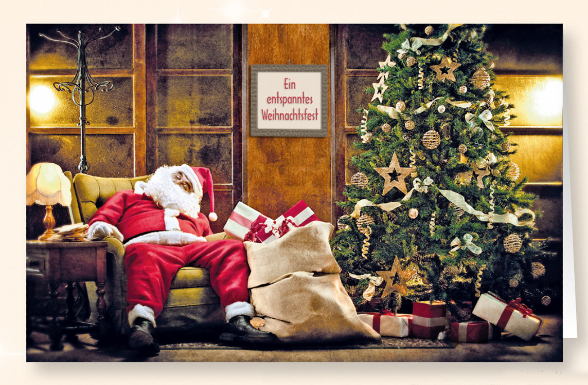 Humorvolle Weihnachtskarte mit schlafendem Weihnachtsmann