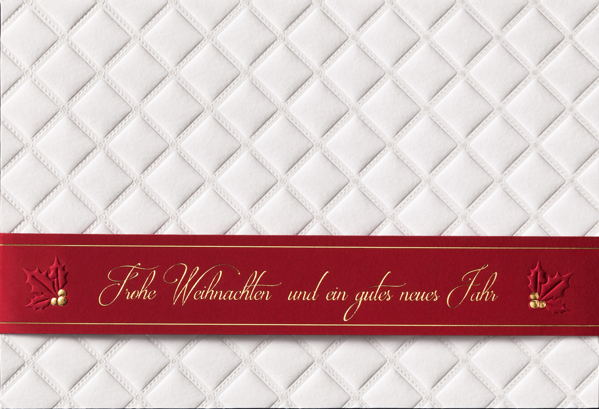 Weihnachtskarte weiß mit weinroter Banderole - Frohe Weihnachten und ein gutes neues Jahr
