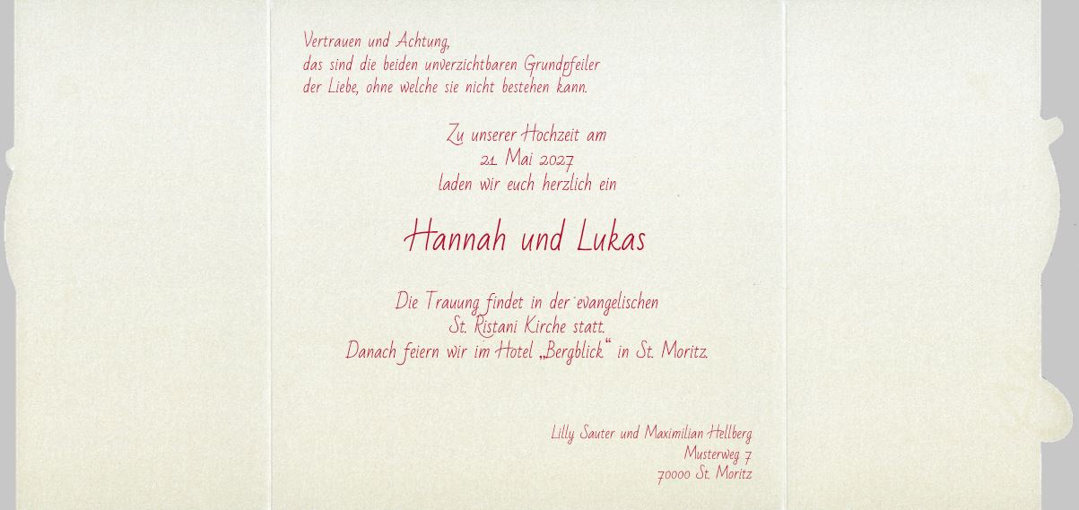 Heitere Hochzeits-Einladungskarte "Herz-Duo" in perlmutt-metallic mit Paar im Comic-Stil 