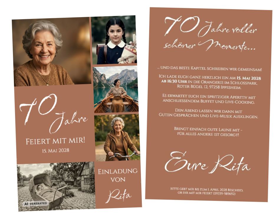 Fotokarte "Zeitreise" als Einladung zum 70. Geburtstag in Braun mit persönlicher Fotocollage und eigenem Text