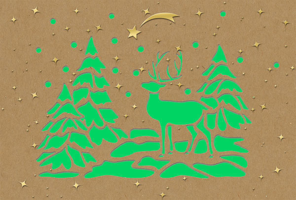 Naturbraune Weihnachtskarte mit grünem Einlegeblatt als Laserkarte mit Goldfolienprägung
