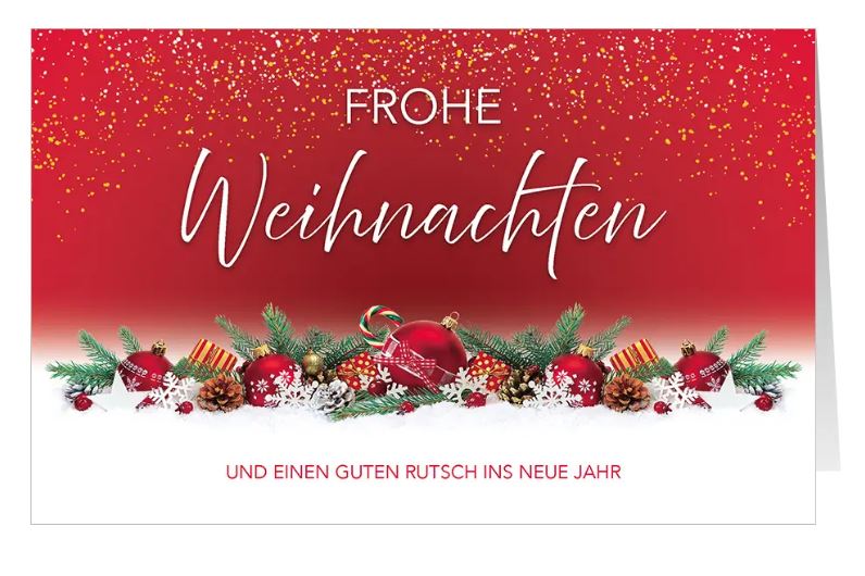 Weihnachtskarte "Festtagsfreude" in rot mit Kugeln und Zweigen im Schnee zugunsten Ärzte ohne Grenzen