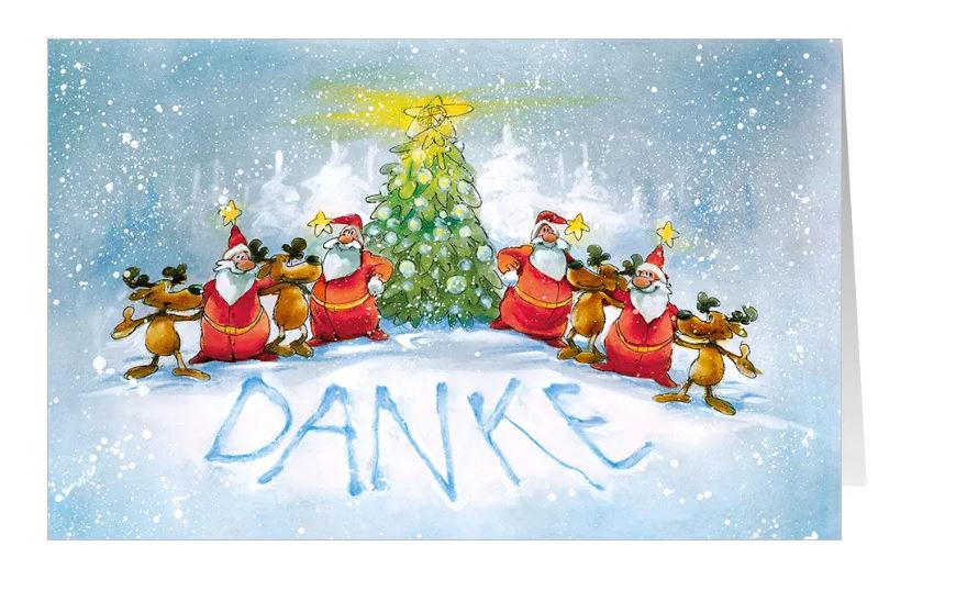 Humorvolle Weihnachts-Dankkarte "Wintergruß voller Dank" mit Weihnachtsmänner, Rentieren und festlichem Weihnachtsbaum