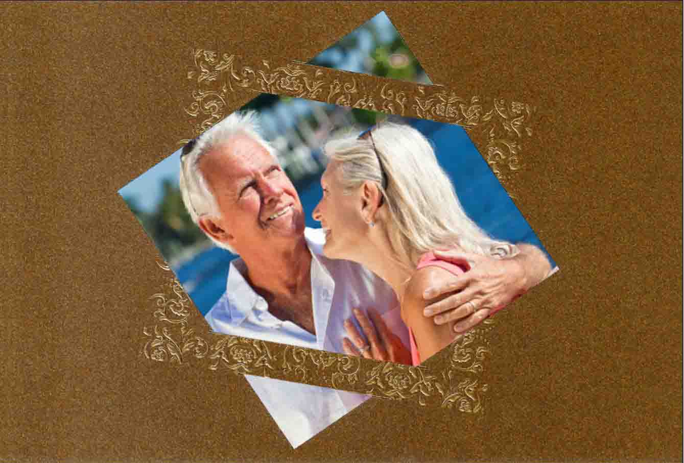 Goldhochzeit Foto-Einladungskarte aus hochwertigem, bronzefarbenem Metallic-Karton mit Relief-Ornamentprägung