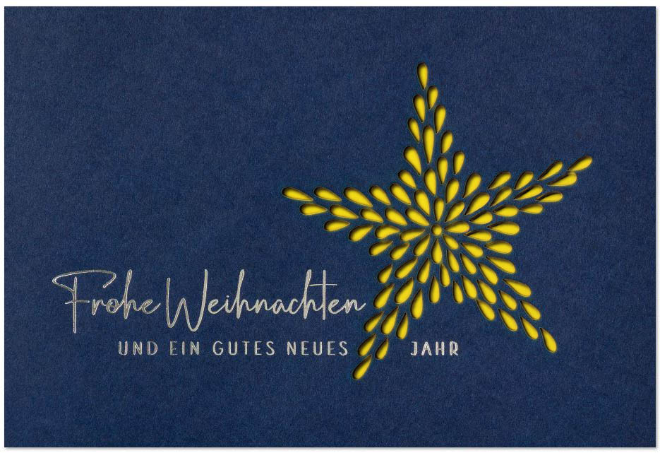 Blaue Laser-Weihnachtskarte mit silberner Prägung und filigraner Laserstanzung eines Sternes, Einleger gelb