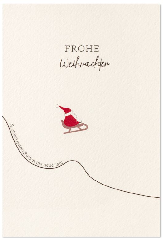 Naturweiße Weihnachtskarte "Flotte Schlittenfahrt" im minimalistischen Design mit Weihnachtsmann auf einem Schlitten und Gruß
