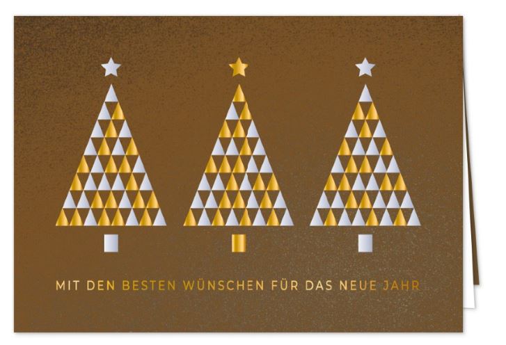 Elegante Neujahrskarte in bronze-metallic mit Bäumen und Neujahrsgruß in edler Folienprägung, inkl. Einleger