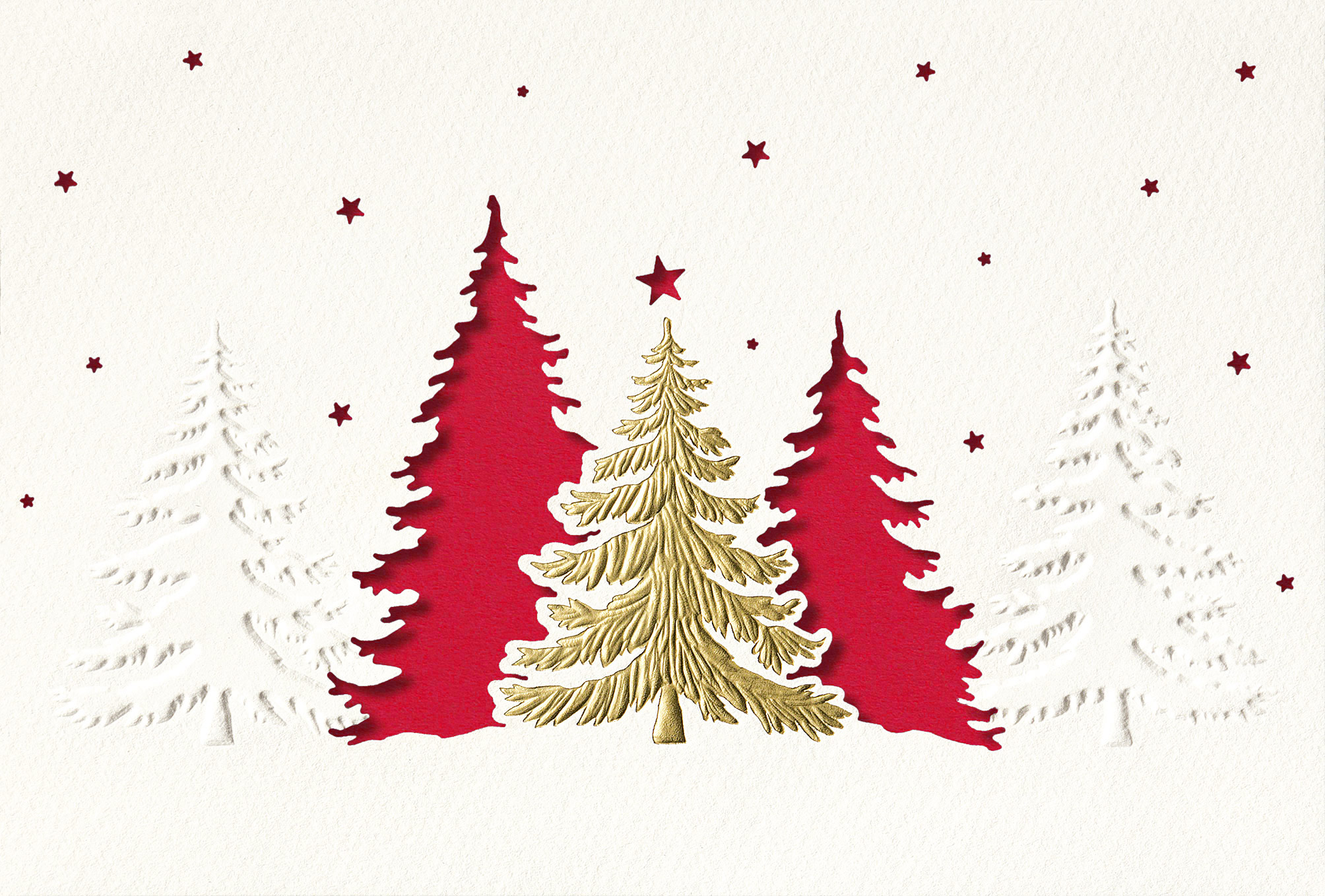 Weiße Weihnachtskarte mit Stanzung, Blindprägung und goldenem Foliendruck, Einleger rot