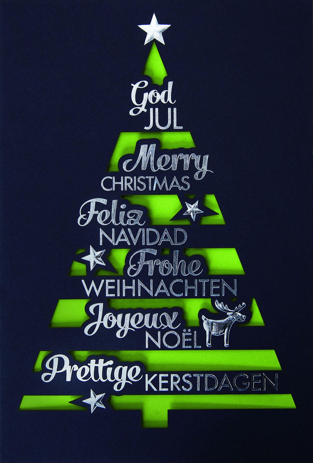 Weihnachtskarte mit Weihnachtsbaum und internationalen Weihnachtsgrüßen - Einleger hellgrün