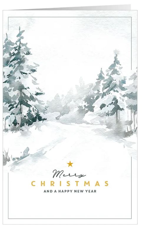 Stimmungsvolle Weihnachtskarte im Aquarellstil "Wintertraum" mit englischsprachigem Weihnachts- und Neujahrsgruß