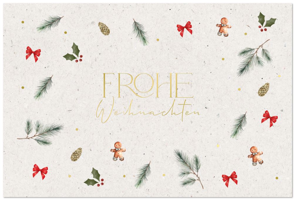 Traditionelle Weihnachtsgrußkarte mit "Frohe Weihnachten" in Goldprägung und weihnachtlichen Symboen