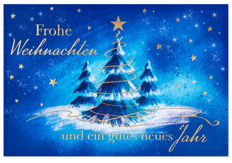Weihnachtskarte "Blauer Weihnachtstraum" mit Tannen im Schnee, goldenen Sternen und Weihnachtsgrüßen