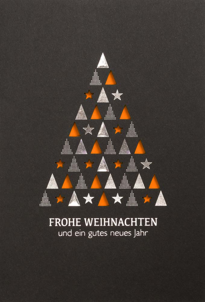 Schwarze Laserkarte mit orangenem Falteinlegeblatt, Weihnachtsgruß und Silberfoliendruck