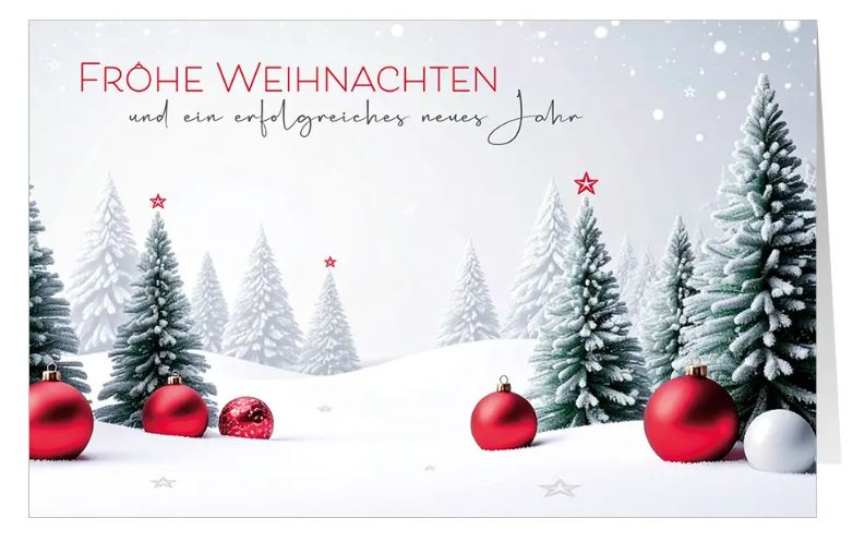 Firmenweihnachtskarte im klassischen Design mit roten Weihnachtskugeln im Schnee und geschäftlichen Grüßen