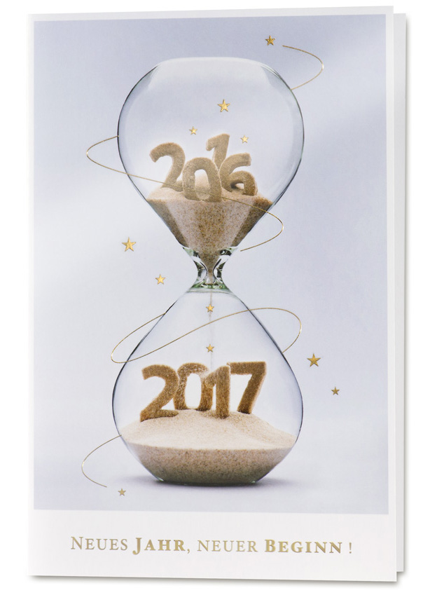 Neujahrskarte weiß mit Jahreszahl 2016 und 2017 in Sanduhr