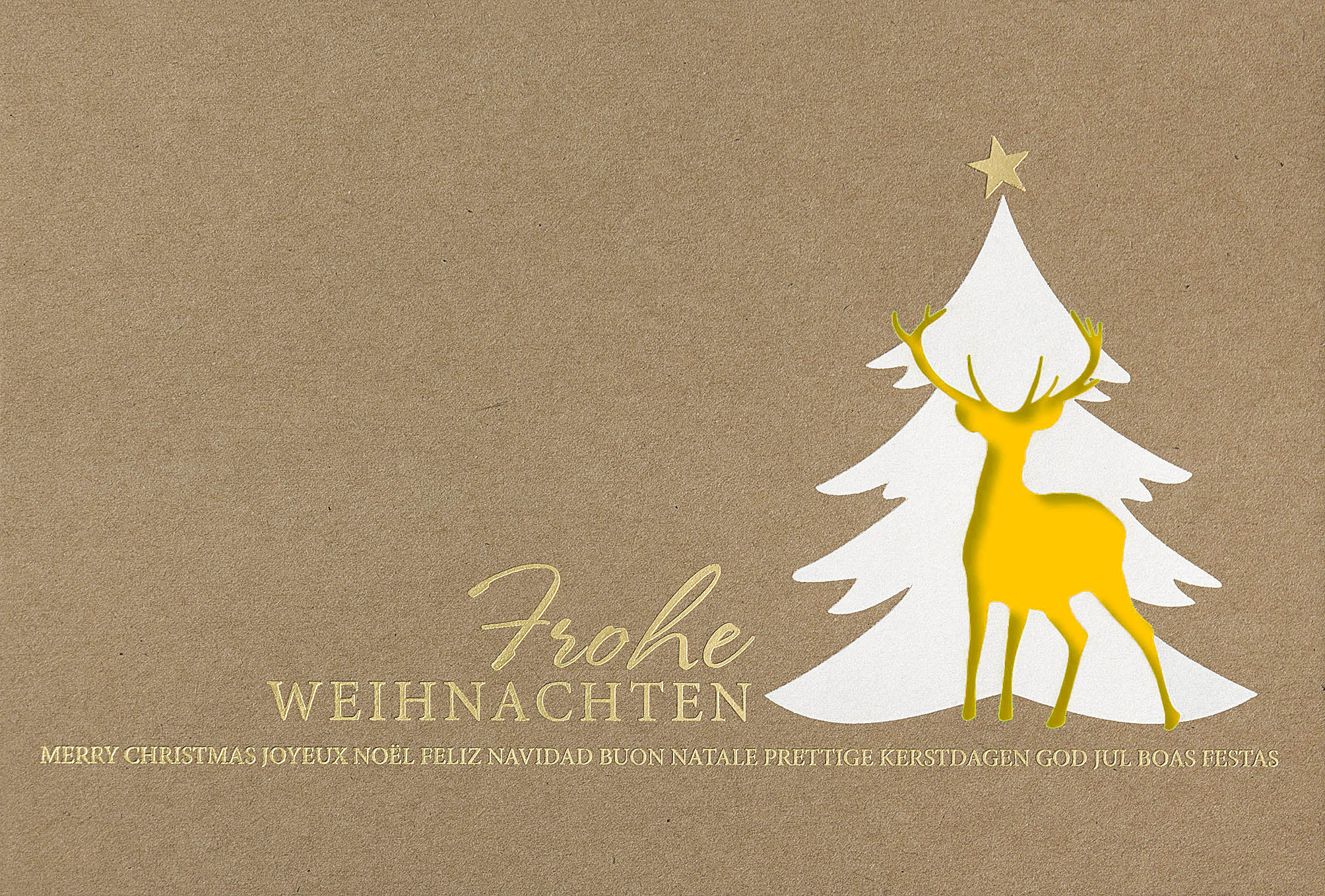 Naturbraune Stanz-Weihnachtskarte mit internationalen Weihnachtsgrüßen und gelbem Einleger