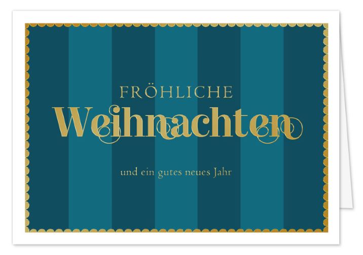 Elegante Weihnachtskarte „Klassische Streifen“ in Petrol-Blau mit goldener Prägung und Spende für Kinder-Krebs-Stiftung