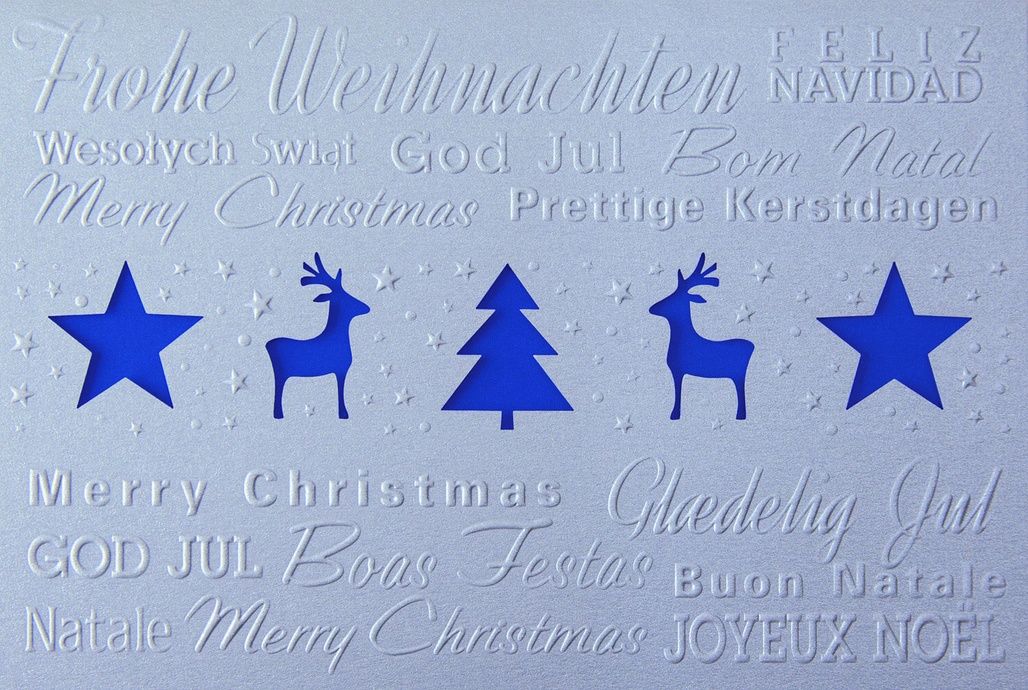Silbergraue Weihnachtskarte mit blauem Falteinleger