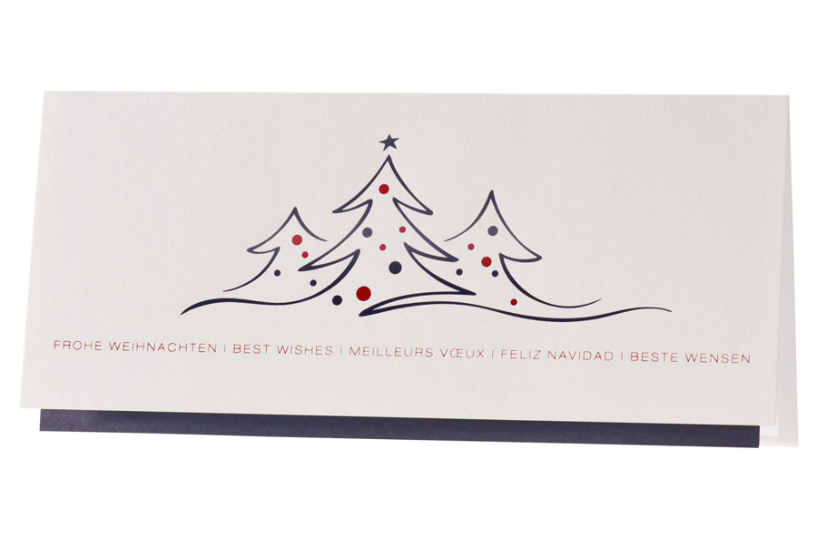 Weihnachtskarte weiß mit Weihnachtsbäumen, Einleger blau