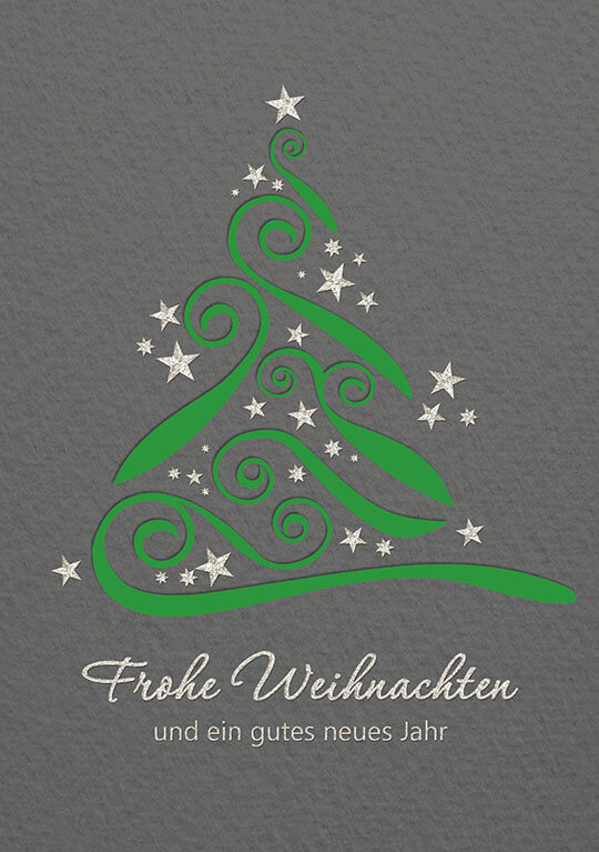 Weihnachtskarte in grau mit grünem Einleger zugunsten Deutsche Kinderkrebsstiftung