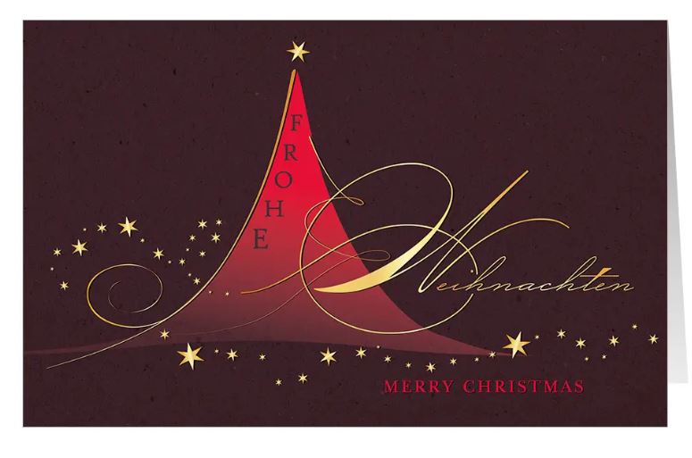 Rote Weihnachtskarte "Festtagsglanz" mit deutsch-englischem Weihnachtsgruß und Spende für Ärzte ohne Grenzen