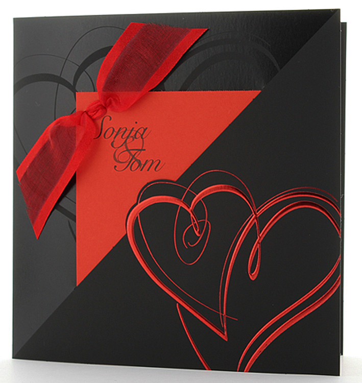 Hochzeitskarte schwarz - rot mit Reliefherzen und Glanzlack