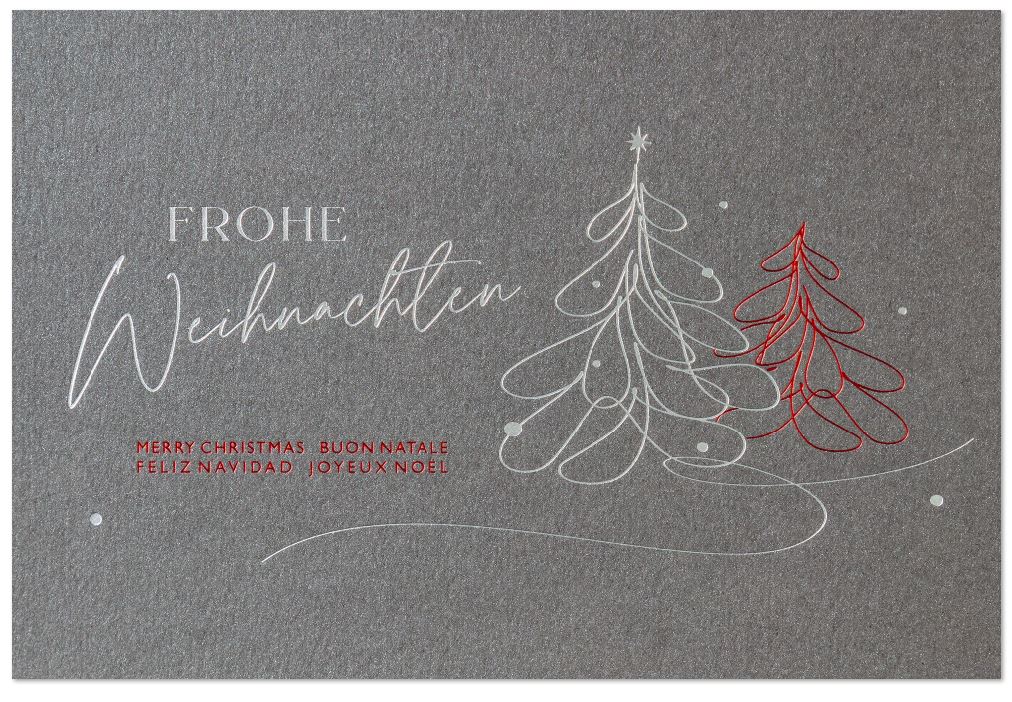 Internationale Weihnachtskarte in anthrazit-metallic- mit Rot- und Silberfolienprägung, inkl. Einlegeblatt