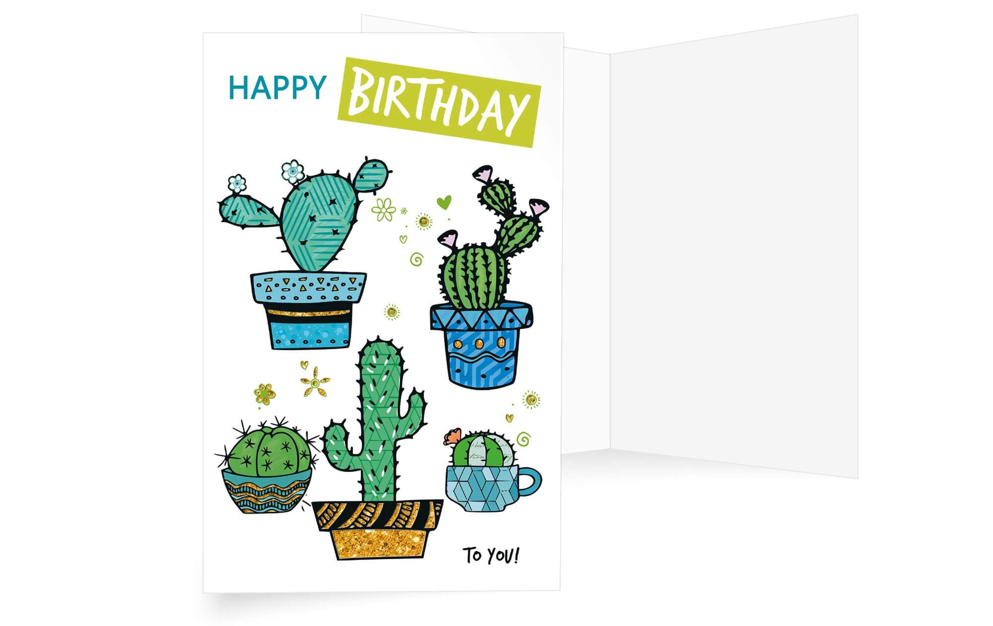 Geburtstags-Glückwunschkarte im lustigen Mexiko-Stil mit Kakteen und "Happy Birthday"