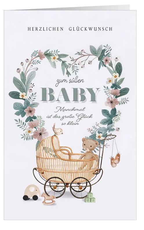 Süße Glückwunschkarte zur Geburt "Kleines Wunder" mit Blumenherz, Kinderwagen und Glückwünschen