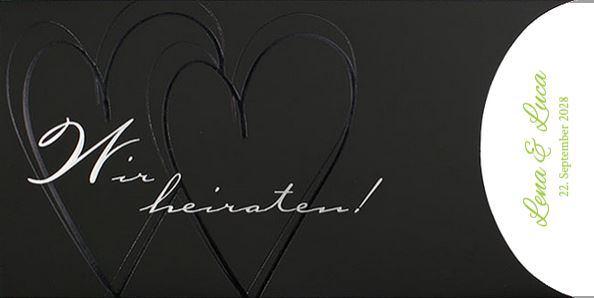 Moderne Einladungskarte zur Hochzeit "Midnight Elegance" in mattschwarz mit "Wir heiraten!" und Herzen, DIN lang