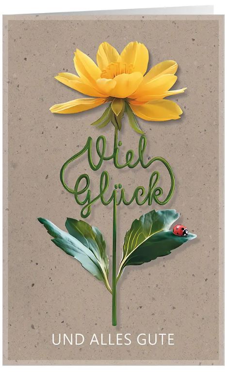 Glückwunschkarte "Blühendes Glück" mit kleinem Marienkäfer und gelber Blüte