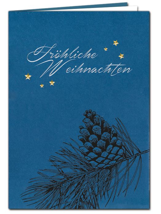 Edle, blaue Weihnachtskarte „Kiefernzapfen & Sternenglanz“ mit Gold- und Silberprägung, inkl. Einlegeblatt in weiß