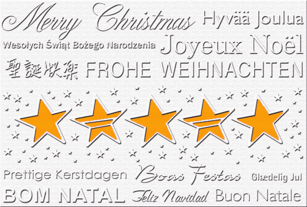 Weihnachtskarte in weiss mit Sternen und mehrsprachigem Weihnachtsgruß sowie orangenem Einleger