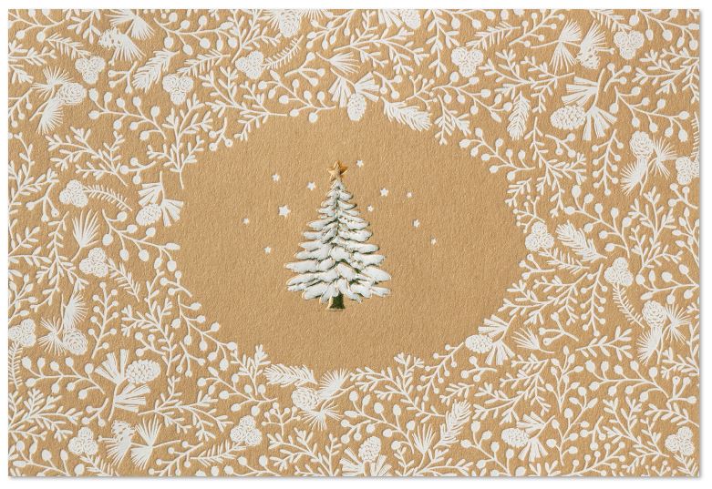 Naturbraune Weihnachtskarte "Feine Weihnachtsflora" mit Tannenbaum und floraler Verzierung in weiß