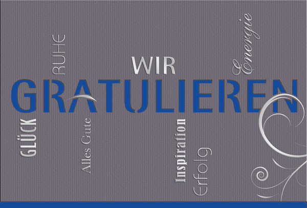 Firmenglückwunschkarte "Wir Gratulieren" mit Stanzung, Silberfolienprägung und Einleger in blau
