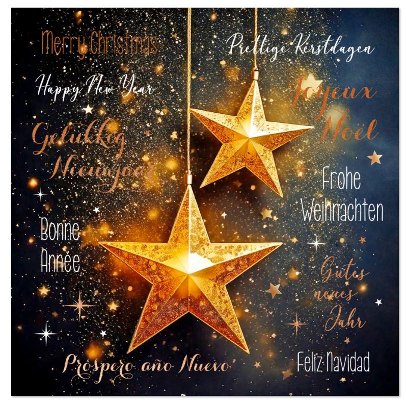 Quadratische, internationale Weihnachtskarte "Feliz Navidad" mit hängenden Sternen im festlichen Design