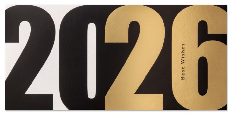 Moderne Neujahrskarte DIN lang mit Gold- und Schwarzfolienprägung von Jahreszahl 2026 und "Best Wishes"