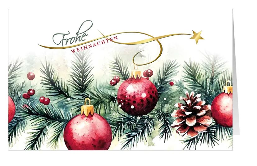 Klassische Weihnachtskarte "Tradition" mit roten Weihnachtskugeln und Beeren an Tannenzweigen und Gruß