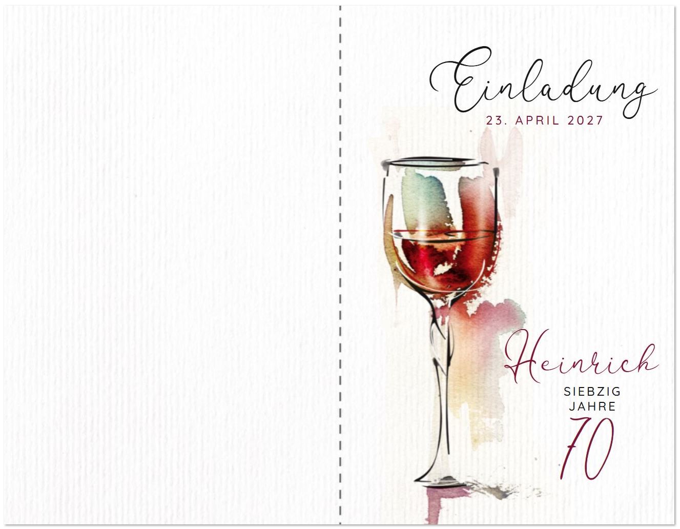 Stilvolle Einladungskarte zum 70. Geburtstag mit Weinglas im Aquarellstil
